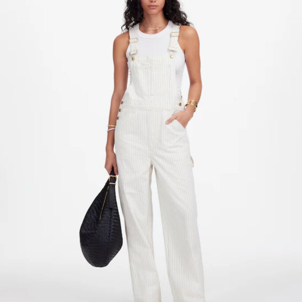 Madewell Denim Relaxed Overalls in Ecru Pinstripe - Picture 2 of 7